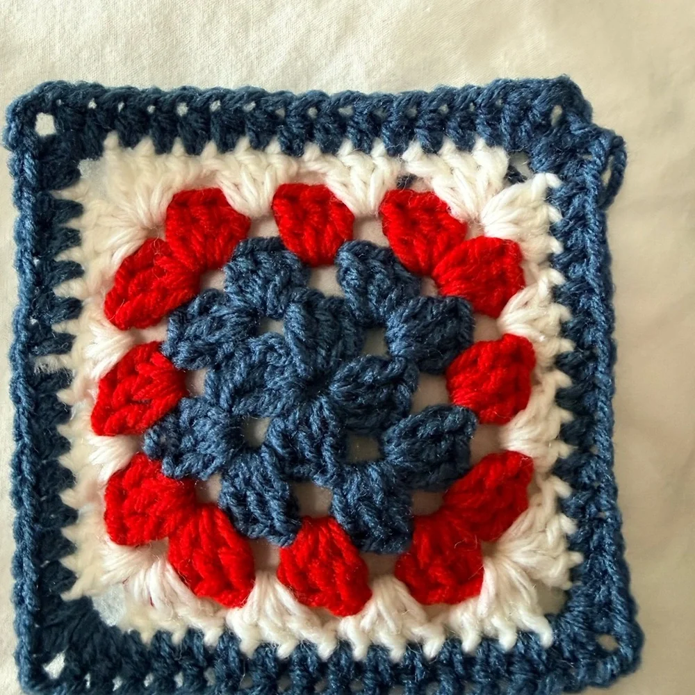 Granny square Crochet scarf blue red white style 61”x5”